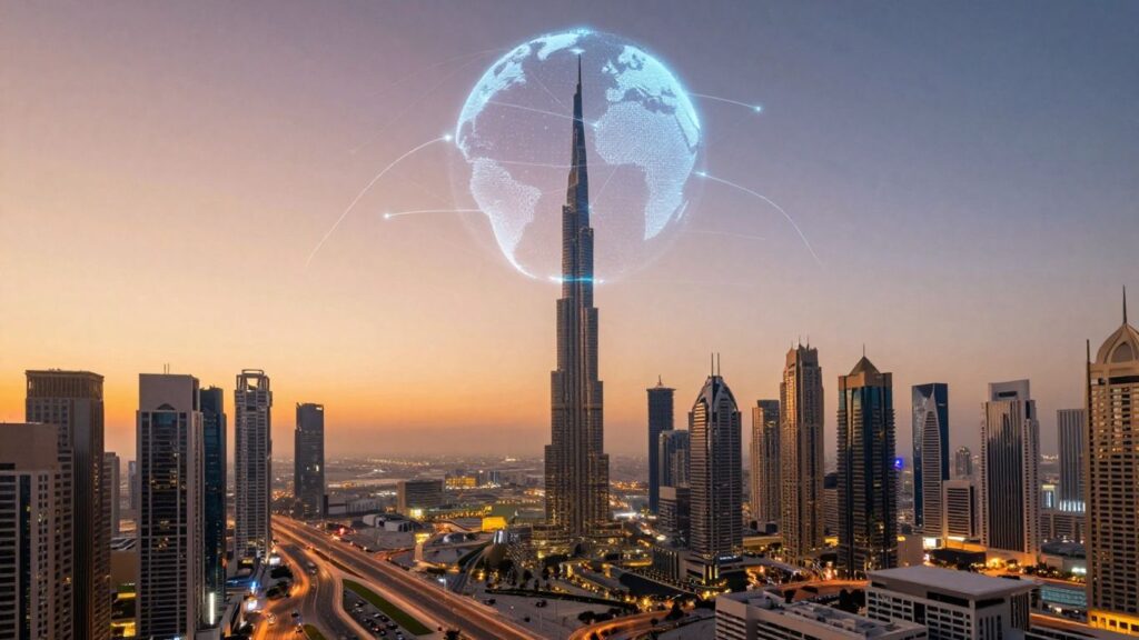 image | Hope Ventures FZ-LLC UAE cityscape with digital globe and connection lines.