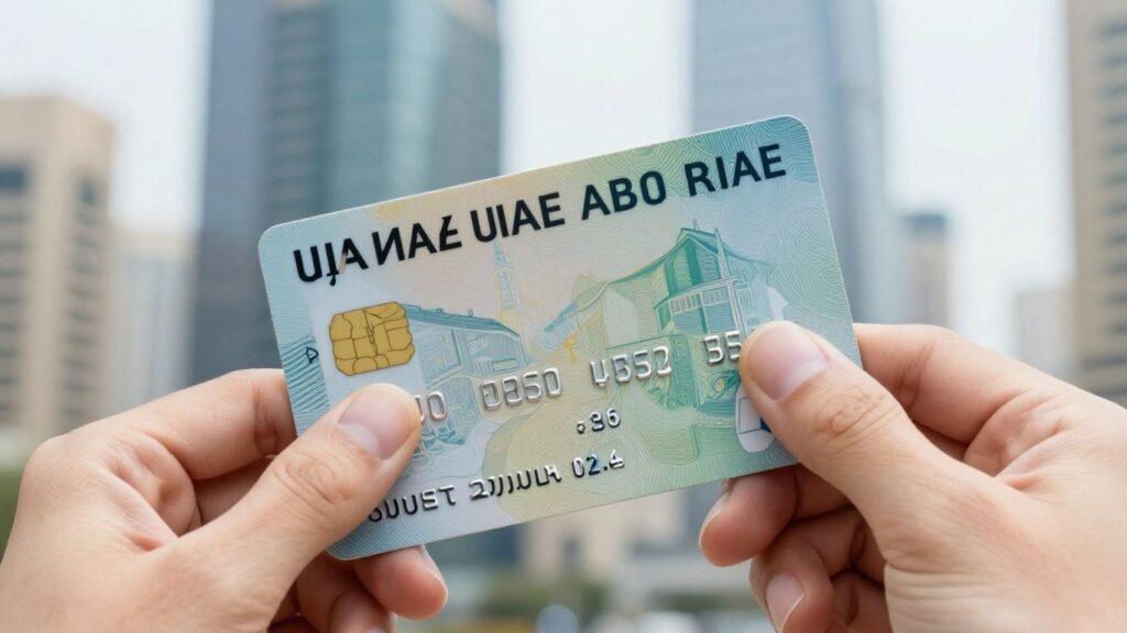 UAE bank card held by a hand, cityscape background.
