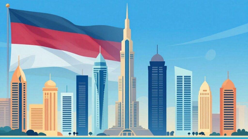 image | Hope Ventures FZ-LLC Stylized city skyline with tall skyscrapers and a large United Arab Emirates flag waving in the background.