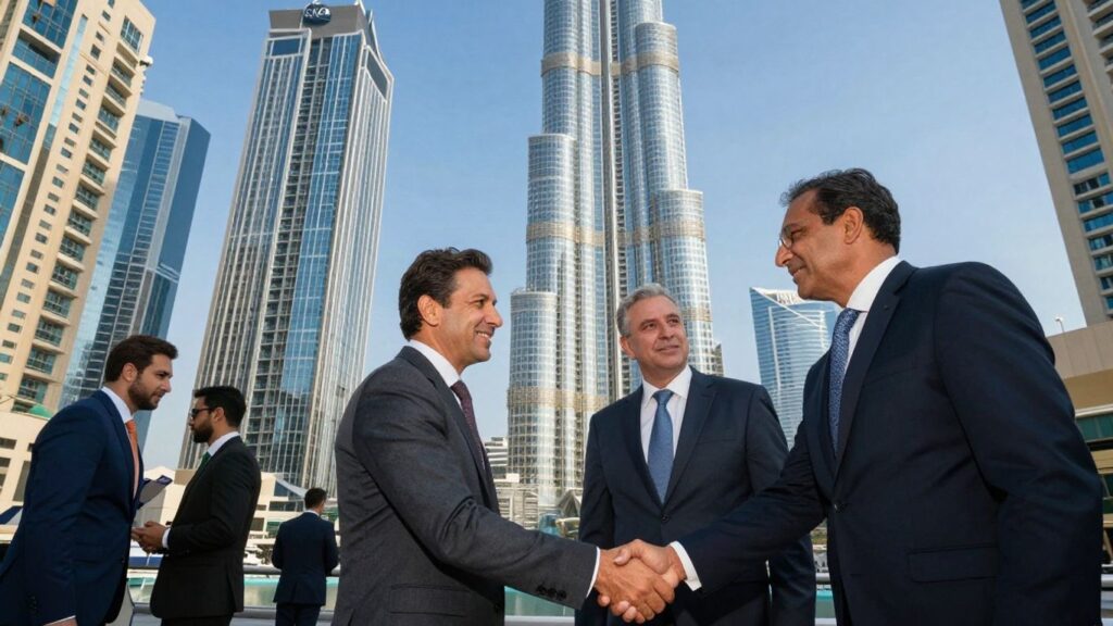 Business people shake hands in Dubai cityscape